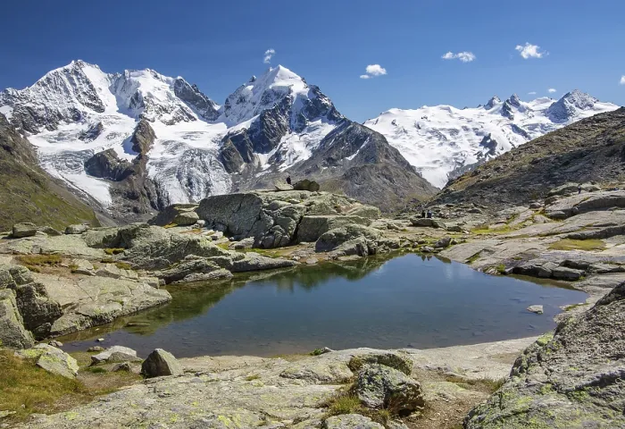 Framed Print : Small mountain lake on Fuorcla Surlej with Piz Bernina