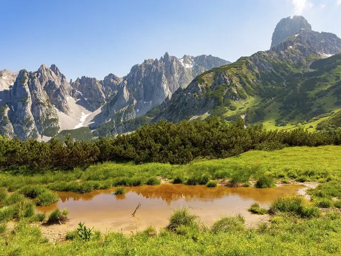 Framed Print : Small pond in front of the peaks of the Gosaukamm Framed Print : Small pond in front of the peaks of the Gosaukamm