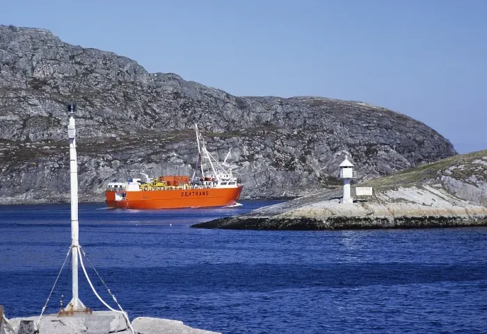 Framed Print : Small Seatrans cargo ship in coastal waters, Norway 1980