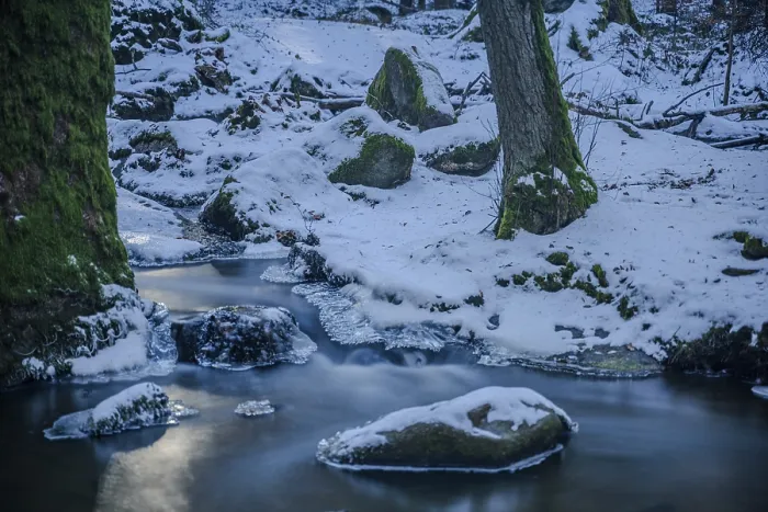 Framed Print : A small stream flows through a forest surrounded by snow
