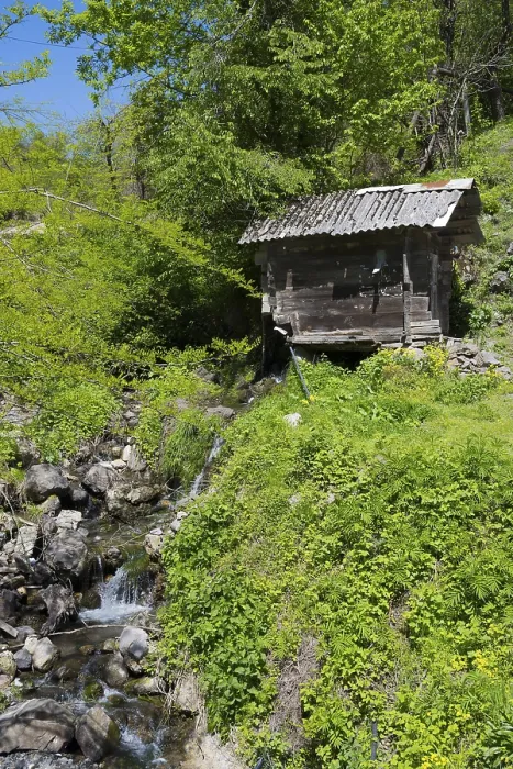 Framed Print : A small stream flows next to a wooden hut