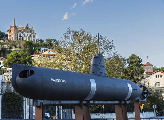 Framed Print : A small submarine displayed on supports in Barcelona