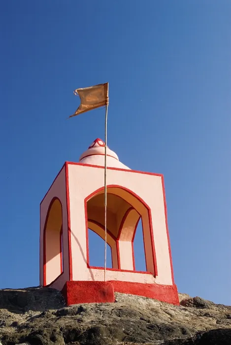 Framed Print : Small temple on hill of Anjarle in morning light giving message of peace