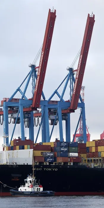 Framed Print : Small tug VB Perfect with large container ship MSC Tokyo at the Burchardkai container terminal in the Port of Hamburg