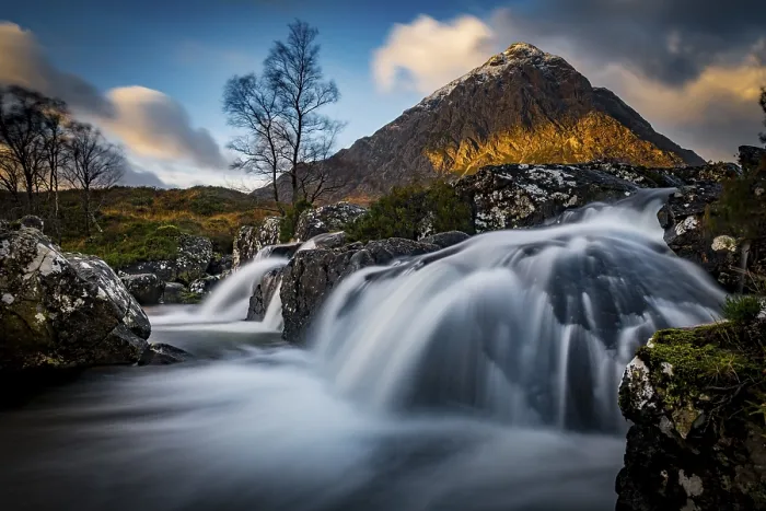 Framed Print : Small waterfall with Birch (Betula) and summit of Stob Dearg in the background