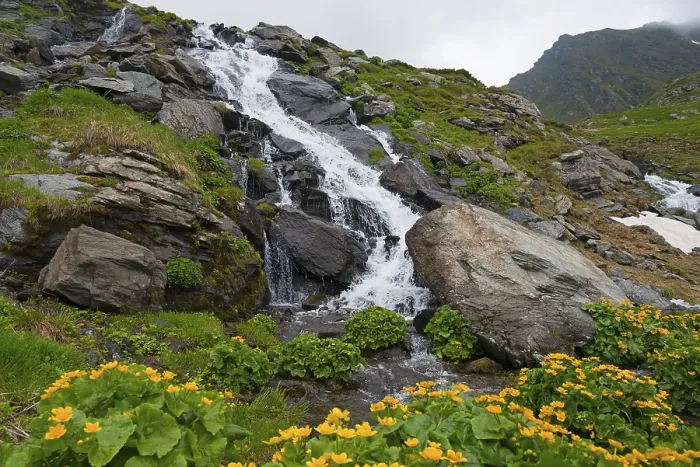 Framed Print : A small waterfall flows over boulders in a green