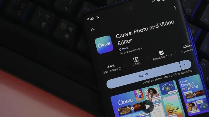 Framed Print : Smartphone displaying Canva app interface with install option