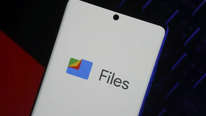 Framed Print : Smartphone displaying Files by Google logo on screen over dark background