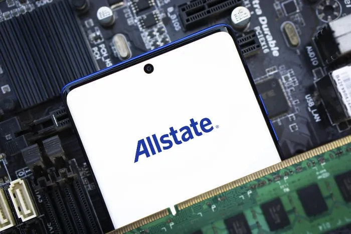 Framed Print : Smartphone with logo allstate insurance company on paper policy and money currency