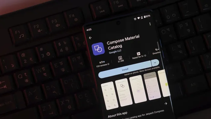 Framed Print : Smartphone showing Compose Material Catalog app with a red-toned backlit keyboard