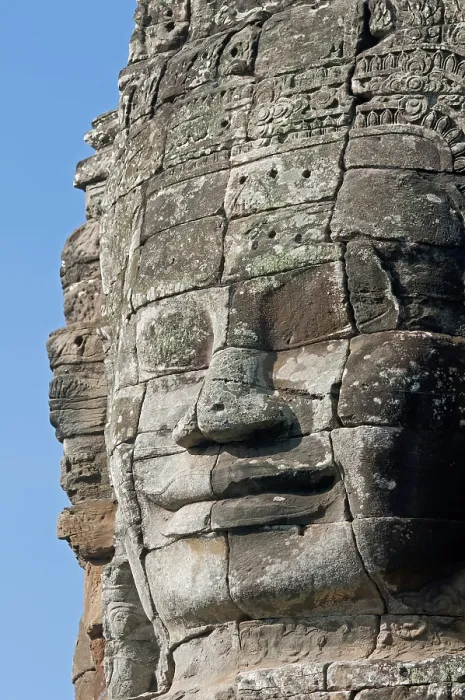 Framed Print : The smile of Angkor, huge face carved in stone on a tower Framed Print : The smile of Angkor, huge face carved in stone on a tower