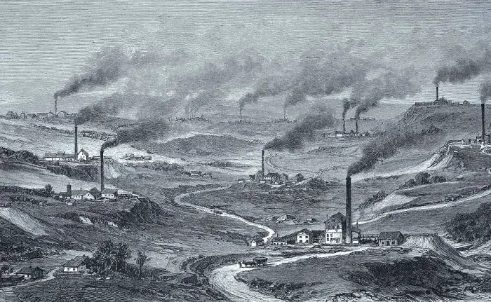 Framed Print : Smoking chimneys in the mining district