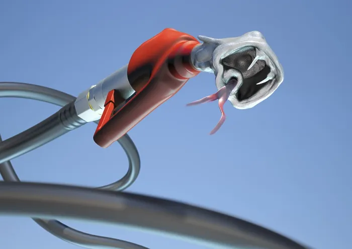 Framed Print : Snappish petrol nozzle with the mouth of a snake