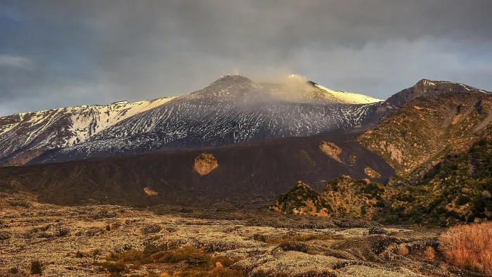 Framed Print : Snow-capped Etna peaks, volcano at dusk Framed Print : Snow-capped Etna peaks, volcano at dusk