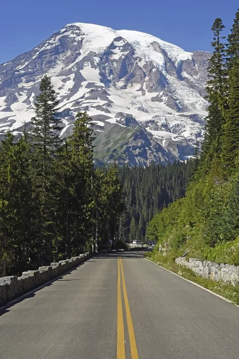 Framed Print : Snow-capped summit of Mount Rainier and road Framed Print : Snow-capped summit of Mount Rainier and road