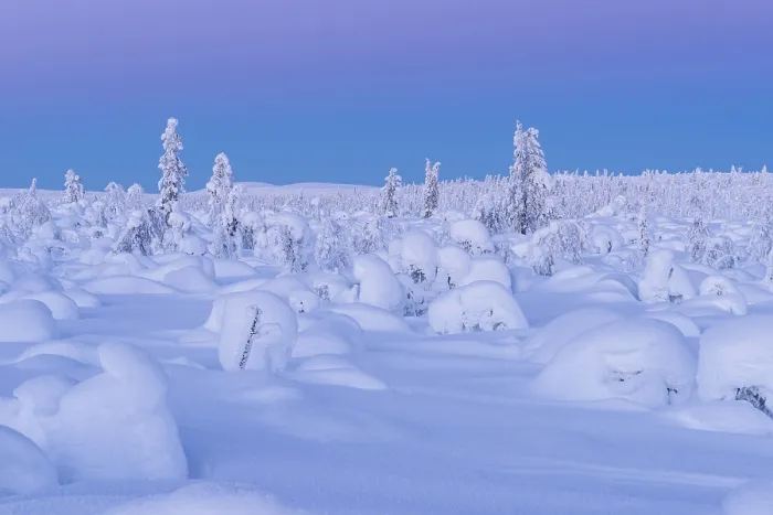 Framed Print : Snow-covered landscape at dusk