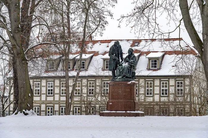 Framed Print : The snow-covered memorial to Karl Friedrich Gauss and Wilhelm Weber in Gottingen