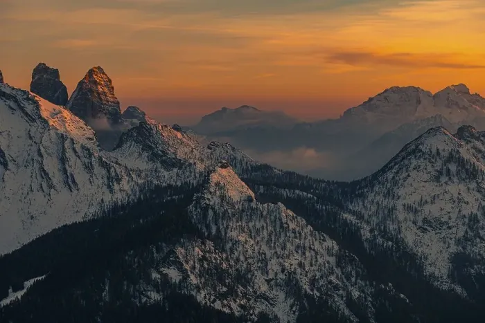 Framed Print : Snow-covered mountain peaks of the Bosconero group at sunset