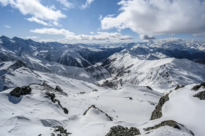 Framed Print : Snow-covered mountain ranges, panoramic view from the Geierspitze into the Schmirntal Framed Print : Snow-covered mountain ranges, panoramic view from the Geierspitze into the Schmirntal