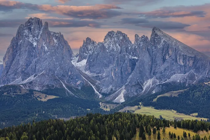 Framed Print : Snow-covered peaks of the Sassolungo group in the evening light