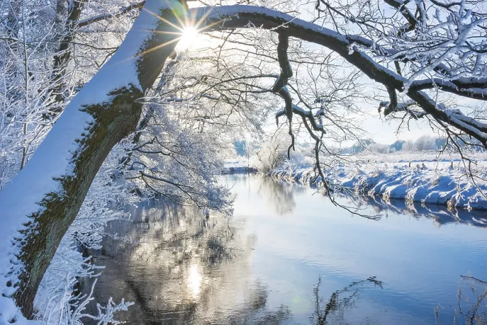 Framed Print : Snow-covered river landscape with trees