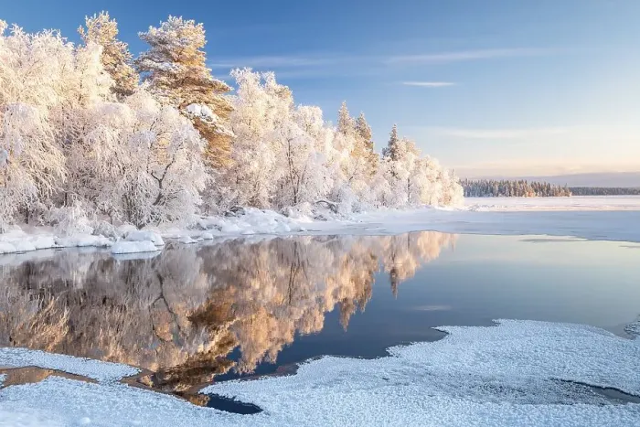 Framed Print : Snow-covered trees reflected in a semi-frozen lake Framed Print : Snow-covered trees reflected in a semi-frozen lake