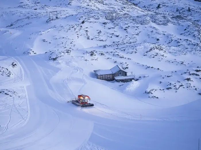 Framed Print : Snow groomer or Pistenbully, levelling ski slope