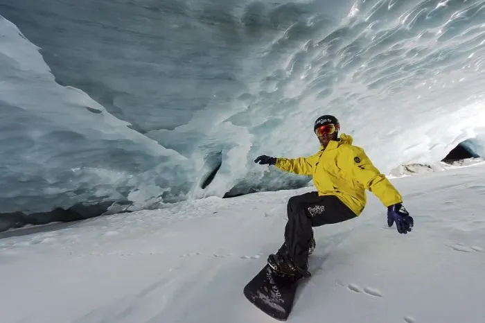 Framed Print : Snowboarding in the ice cave, Val Roseg