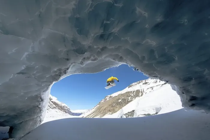 Framed Print : Snowboarding in the ice cave, Val Roseg