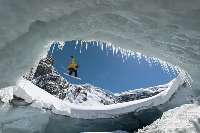Framed Print : Snowboarding in the ice cave, Val Roseg