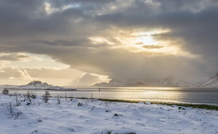 Framed Print : Snowy landscape at sea and fjord