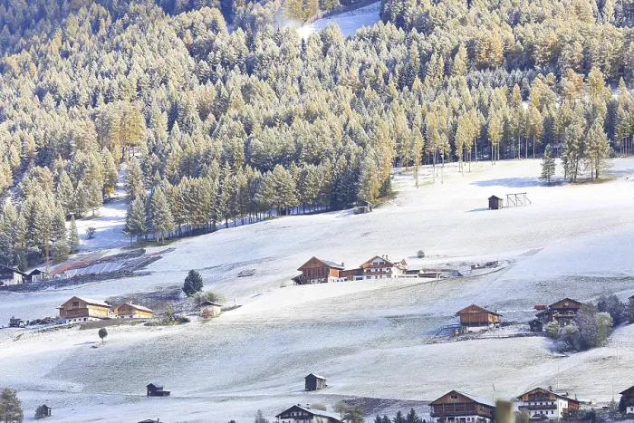Framed Print : Snowy mountain hut landscape in the Fischleinbach Valley surrounded by forest in the Dolomites