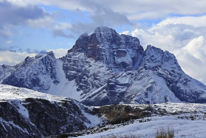 Framed Print : Snowy mountain peak of the Three Peaks under a cloudy sky in the Dolomites Framed Print : Snowy mountain peak of the Three Peaks under a cloudy sky in the Dolomites