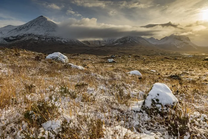 Framed Print : Snowy mountain tops of Ben Lee with clouds in Highland landscape Framed Print : Snowy mountain tops of Ben Lee with clouds in Highland landscape