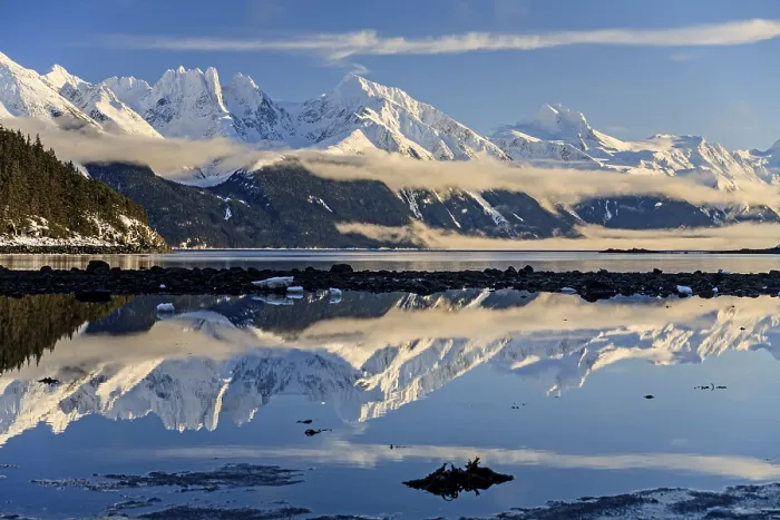 Framed Print : Snowy mountains reflected in fjord
