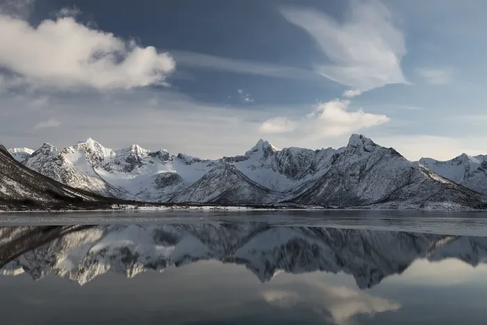 Framed Print : Snowy mountains reflected in water