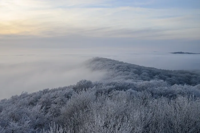 Framed Print : Snowy range of hills with frosty trees in the morning light