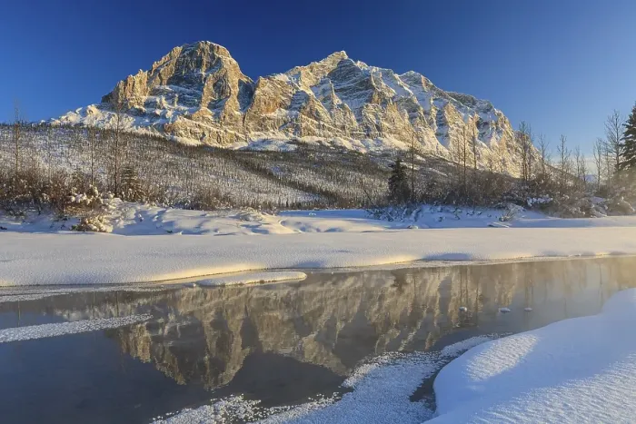Framed Print : Snowy steep mountains reflected in frozen river Framed Print : Snowy steep mountains reflected in frozen river