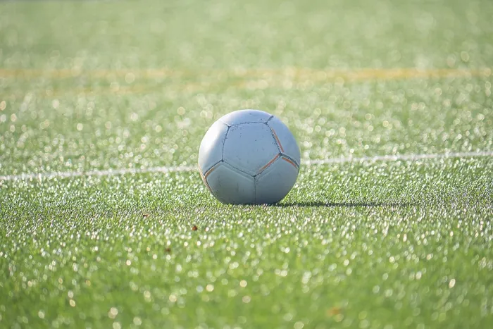 Framed Print : A soccer ball rests on a lush green soccer field Framed Print : A soccer ball rests on a lush green soccer field