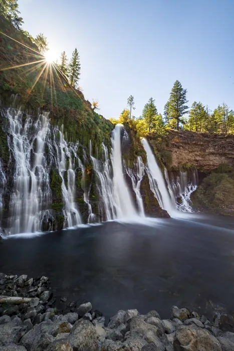 Framed Print : Solar star above waterfall, long-term image