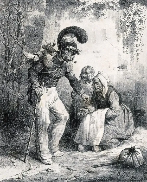 Framed Print : A soldier bends down to put some money into the hand of an old lady sitting by the side of the road