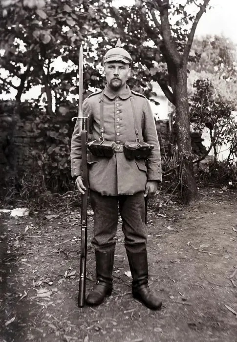 Framed Print : Soldier with spiked helmet and fixed bayonet Framed Print : Soldier with spiked helmet and fixed bayonet