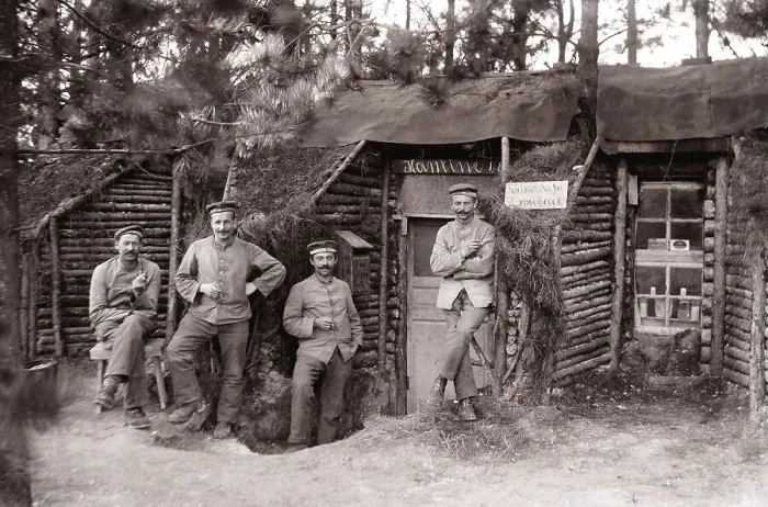 Framed Print : Four soldiers in front of the canteen in the winter quarter Framed Print : Four soldiers in front of the canteen in the winter quarter