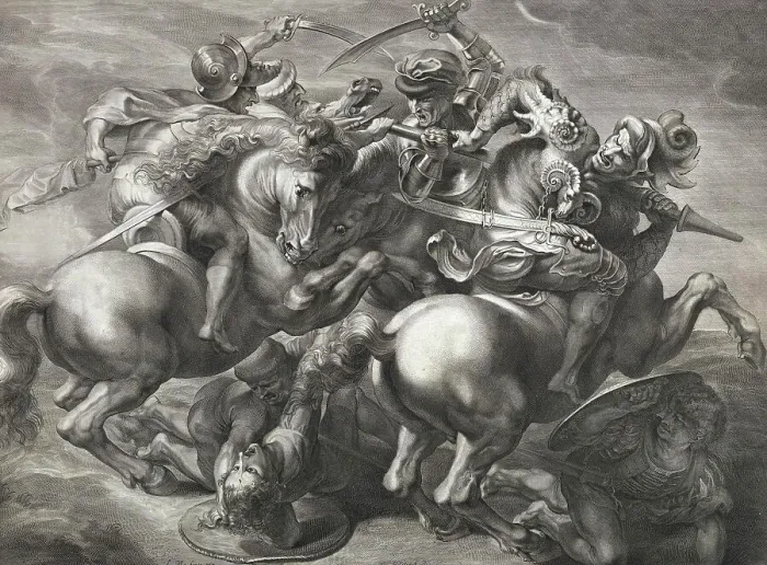 Framed Print : Four soldiers are in a cavalry fight while three others are fighting on the ground Framed Print : Four soldiers are in a cavalry fight while three others are fighting on the ground
