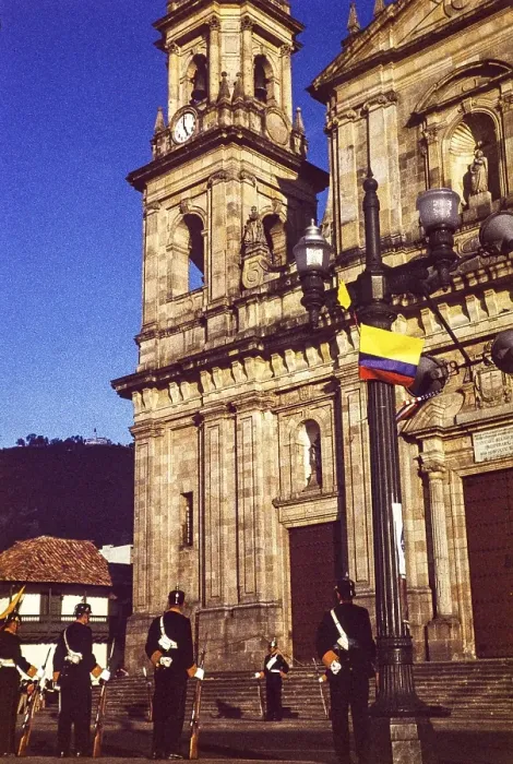Framed Print : Soldiers at a ceremonial parade in front of the cathedral church, Bogota, Colombia, South America, 1961, South America
