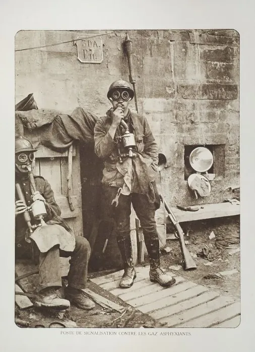 Framed Print : Soldiers with gas masks near bunker in Flanders during the First World War