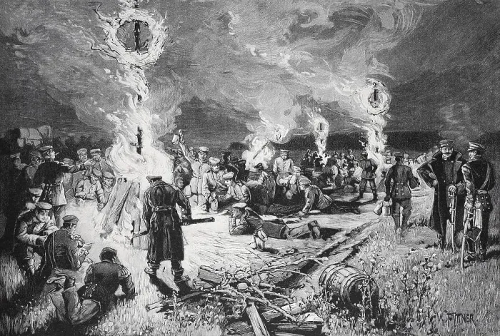 Framed Print : Soldiers gather around several campfires at night