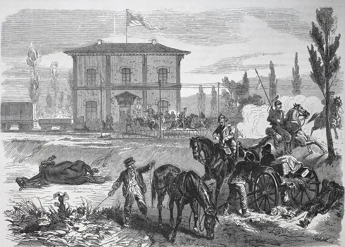 Framed Print : Soldiers with the horses after the bivouac in Courcelles on the morning of 16 August Framed Print : Soldiers with the horses after the bivouac in Courcelles on the morning of 16 August
