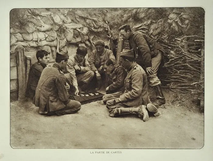 Framed Print : Soldiers at rest playing cards in trench in Flanders during the First World War