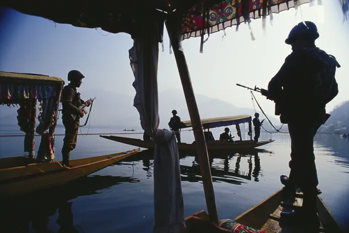 Framed Print : Soldiers in shikara security at Dal lake Framed Print : Soldiers in shikara security at Dal lake